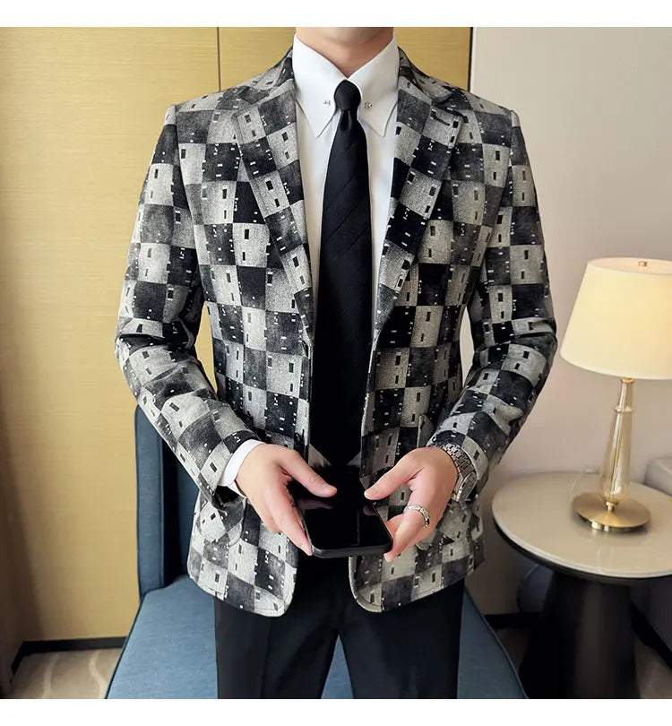 Korean Jacquard Denim Jacket for Men Autumn Winter Casual Business Men Blazers Slim Fit Wedding Social Dress Coat Men Clothing