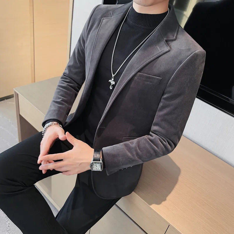 Men's Wool Blazer Single Breasted Smart Casual Solid Color Autumn Winter