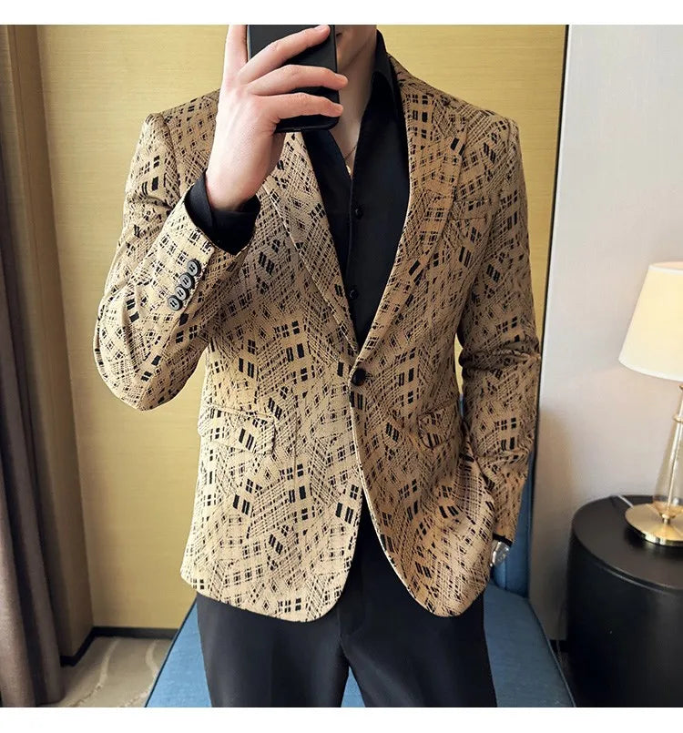 Korean Slim Fit Casual Suit Jacket for Men Fashion Camouflage Business Social Blazers Wedding Streetwear Dress Coat Men Clothing