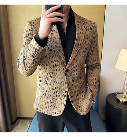 Korean Slim Fit Casual Suit Jacket for Men Fashion Camouflage Business Social Blazers Wedding Streetwear Dress Coat Men Clothing