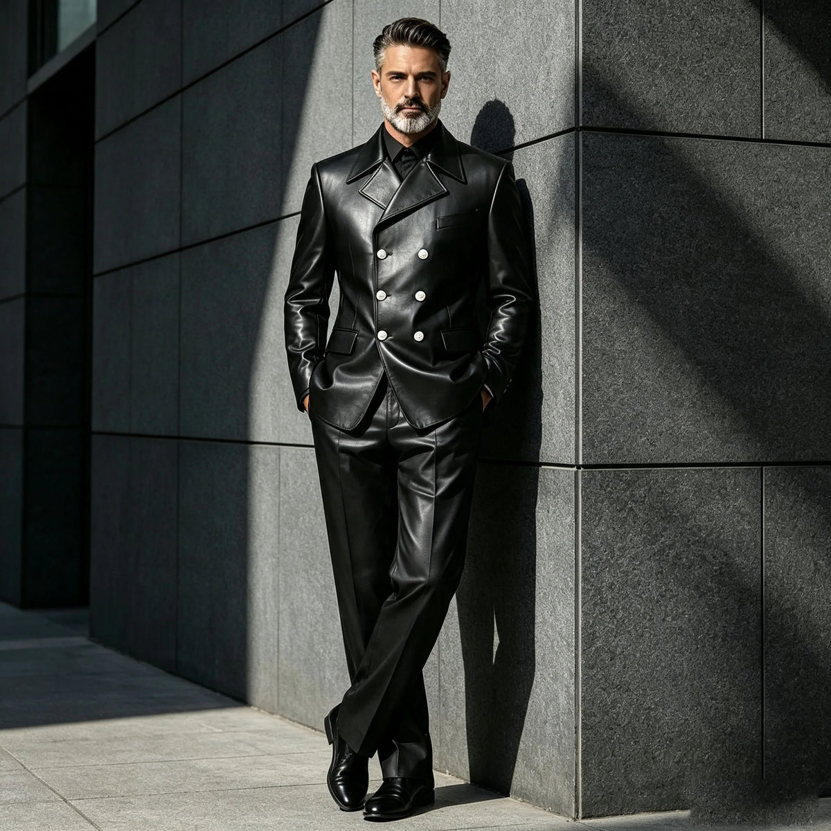Men's Leather 2 Piece Suit Retro Double Breasted Peak Lapel Slim Fit Blazer Straight Leg Pants Formal Set Business Casual Weddin