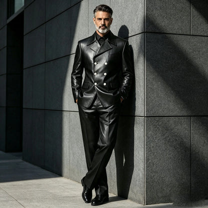 Men's Leather 2 Piece Suit Retro Double Breasted Peak Lapel Slim Fit Blazer Straight Leg Pants Formal Set Business Casual Weddin