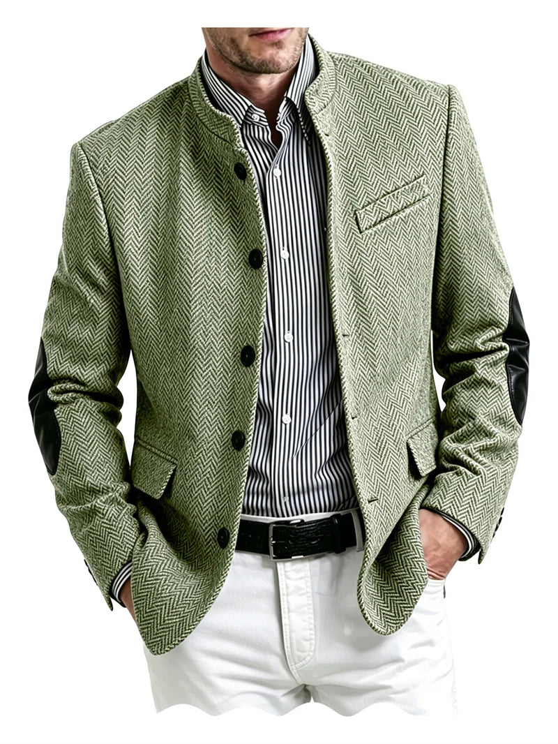 Men's Herringbone Tweed Blazer With Elbow Patches Retro Stand Collar Jacket Slim Fit Daily Party Business Casual Sport Coat ﻿
