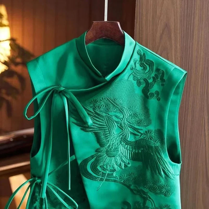 2026 Spring Summer Vintage Embroidery Green Lace Chinese Vest Jacket Chinese Style Waistcoats Outerwear Female Sleeveless Jacket
