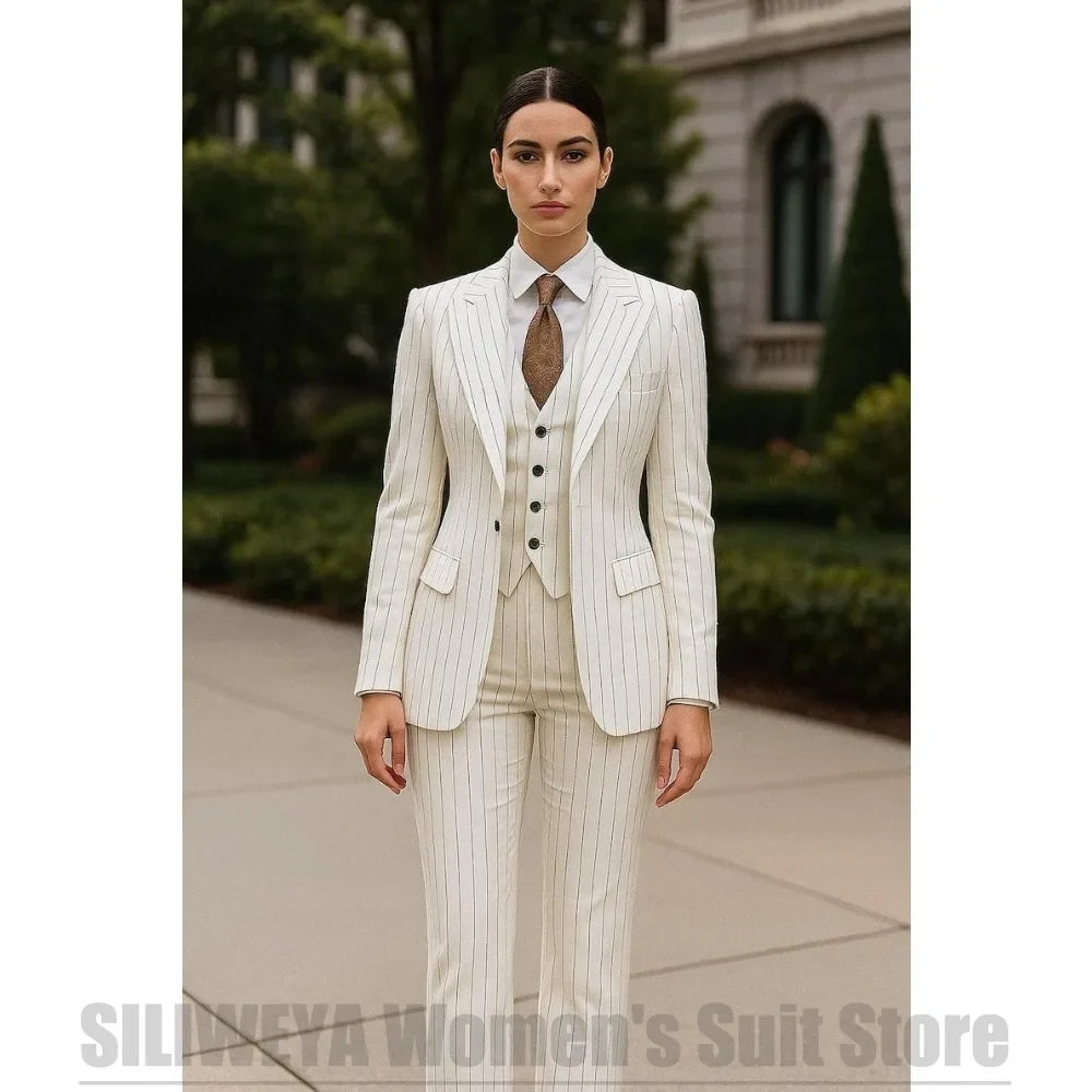 White Striped Women Suit 3 Piece Chic Peak Lapel One Button Blazer Vest Pants Formal Office Business Wedding Party Wear