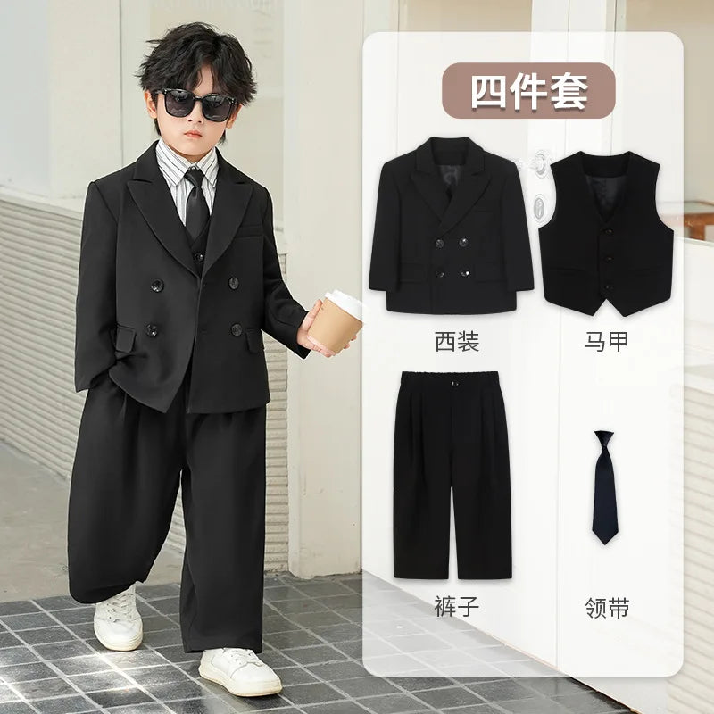 School Boys Double Breasted Blazer Suit Set with Wide Leg Pants Formal Streetwear Outfit for Kids Toddlers Wedding Birthday Part