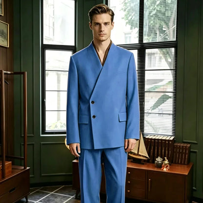 Men's 2-Piece Suit No Lapel Cross V-Neck Loose Blazer & Trousers – Wedding & Formal Occasions