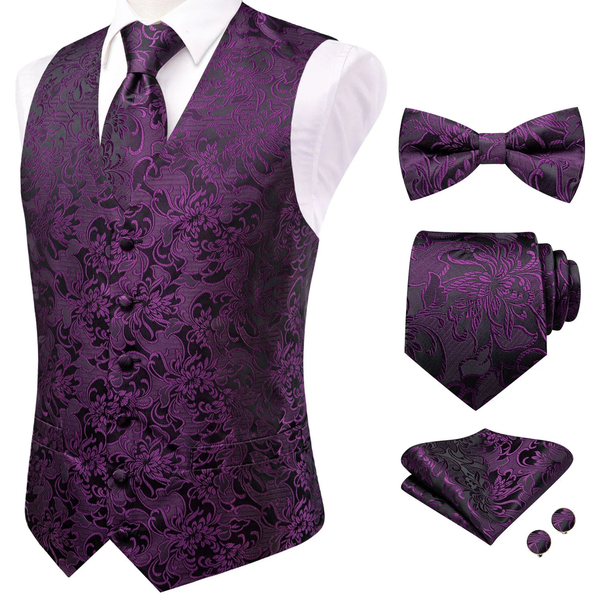 Men's Jacquard Waistcoat 5-Piece Set – Double Breasted Vest with Tie, Bow Tie, Pocket Square & Cufflinks for Weddings & Formal Events