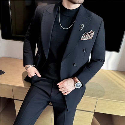 (Jacket + Pants) Fashion Double Breasted Design Slim Men's Suit Italian Style Luxury Wedding Social Party Tuxedo 2 Piece Sets
