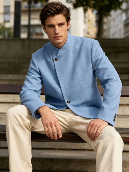  Mandarin Collar Men‘s Blazer Linen Blend Chinese Stand Collar Men Jacket Asymmetric Button Breathable Men Coat Wedding Party