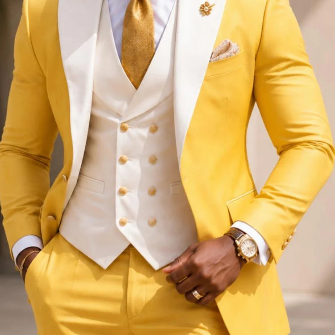 Men Suit Yellow 3 Pieces White Vest With Lapel For Wedding Birthday Banquet Prom Party Business Work Office Jacket Vest Pants