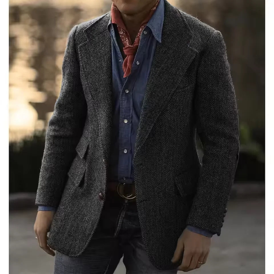 Men's Herringbone Tweed Blazer – Wool Blend, Classic British Style, Business & Wedding