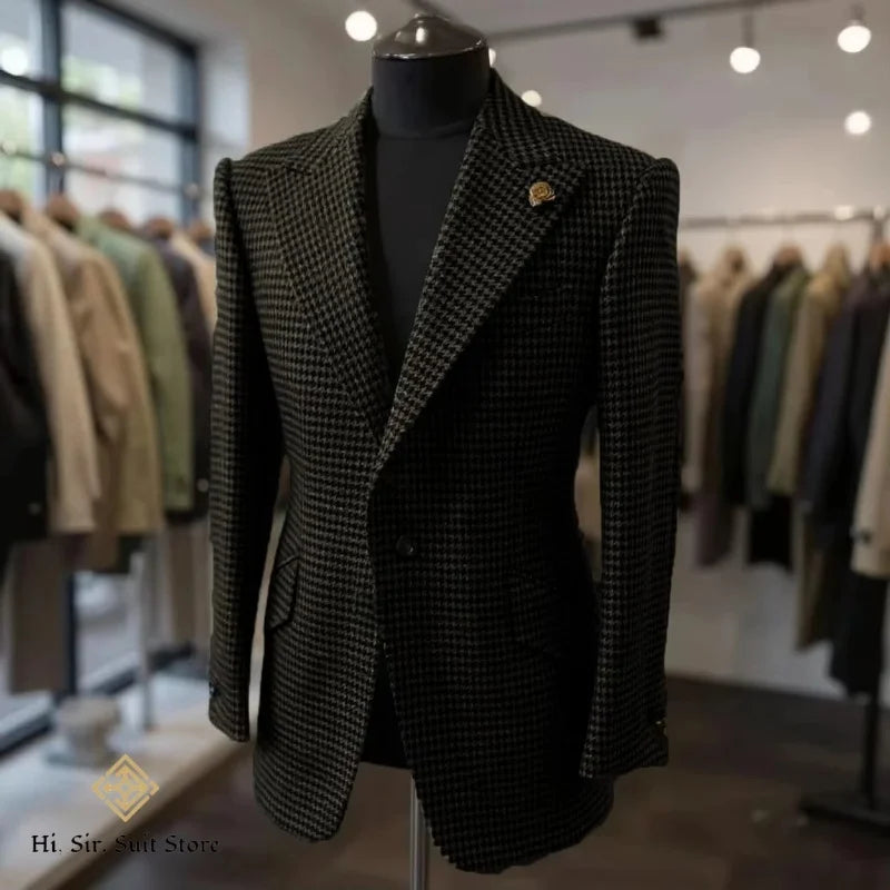 Houndstooth Blazer Men Slim Fit Plaid Suit Jacket Tuxedo One Button Peak Lapel Business Casual Wedding Prom Sport Coats Hot Sale