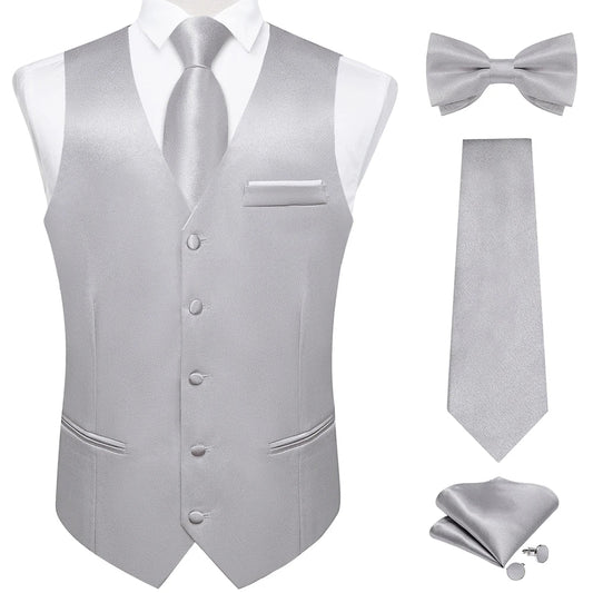 Men's Satin Suit Vest Set with Necktie Bow Tie Handkerchief and Cufflinks for Wedding and Formal Occasions