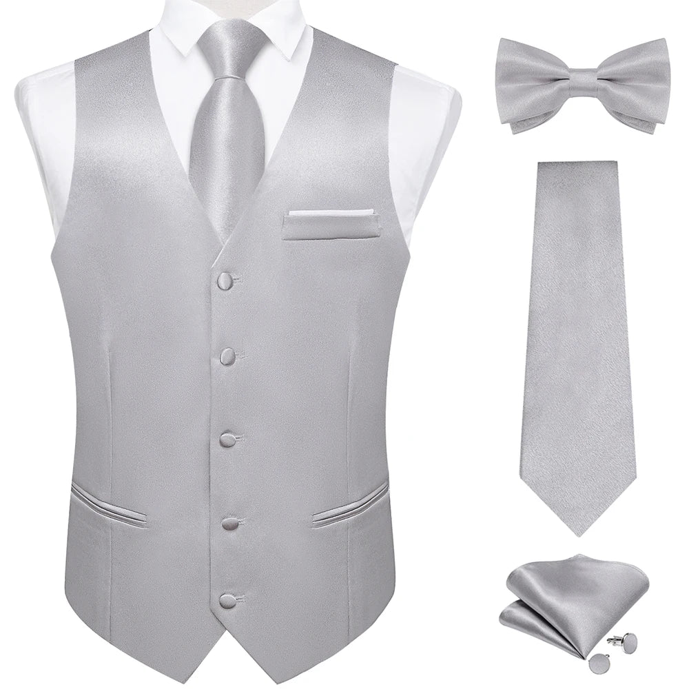 Men's Satin Suit Vest Set with Necktie Bow Tie Handkerchief and Cufflinks for Wedding and Formal Occasions