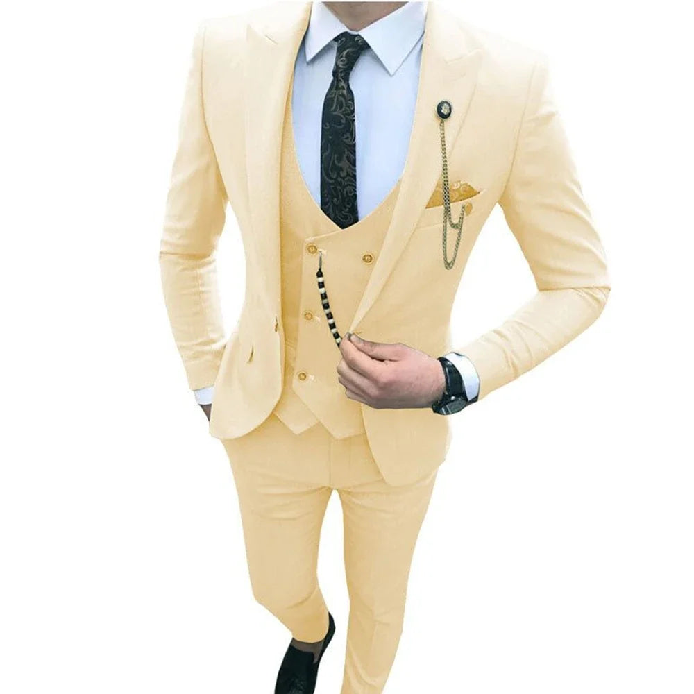 Nouveaux Costumes Homme de Luxe Élégants Ensemble 3 Pièces Tendance Décontracté Chic Coupe Ajustée Revers Pointu Blazer Social Mariage Smoking Bureau