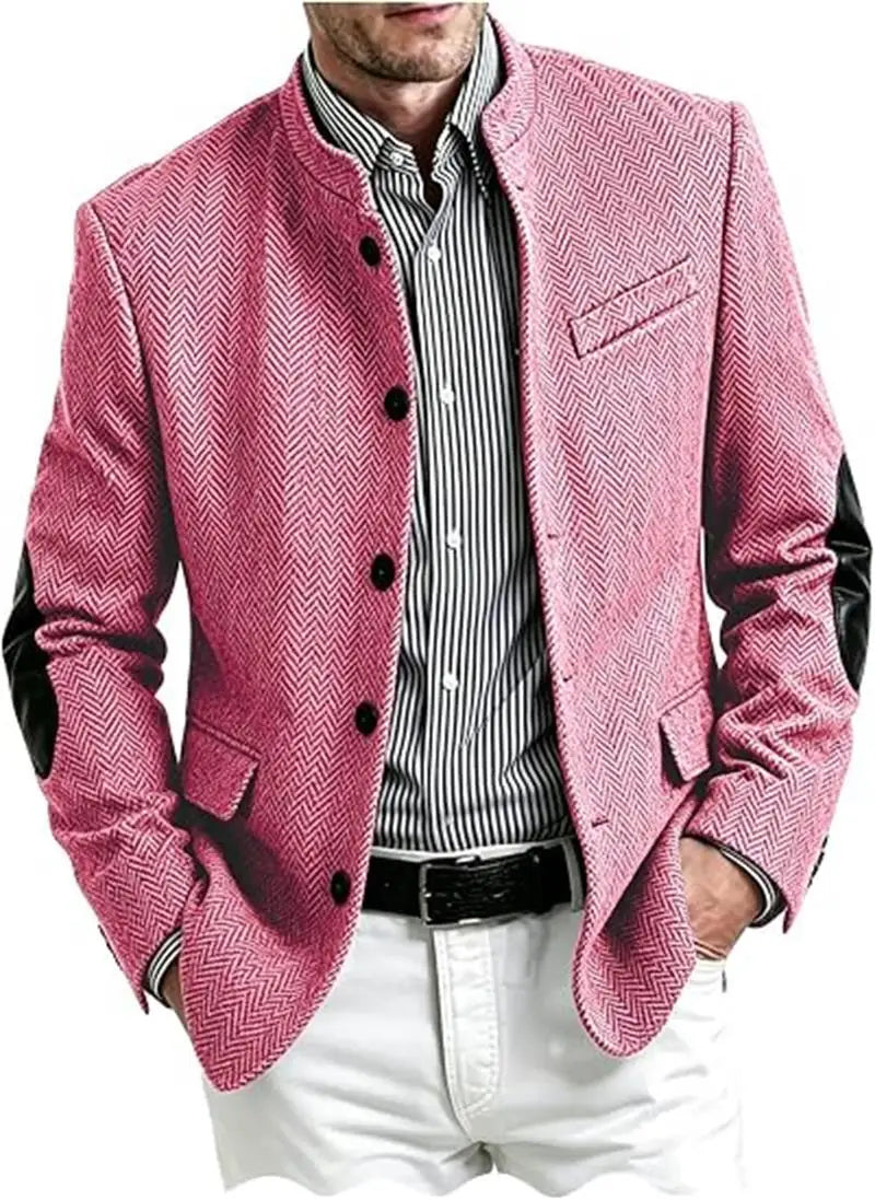 Vintage Men's Mandarin Collar Herringbone Tweed Blazer with Leather Elbow Patch Wool Blend Business Casual Slim Fit Suit Jackets