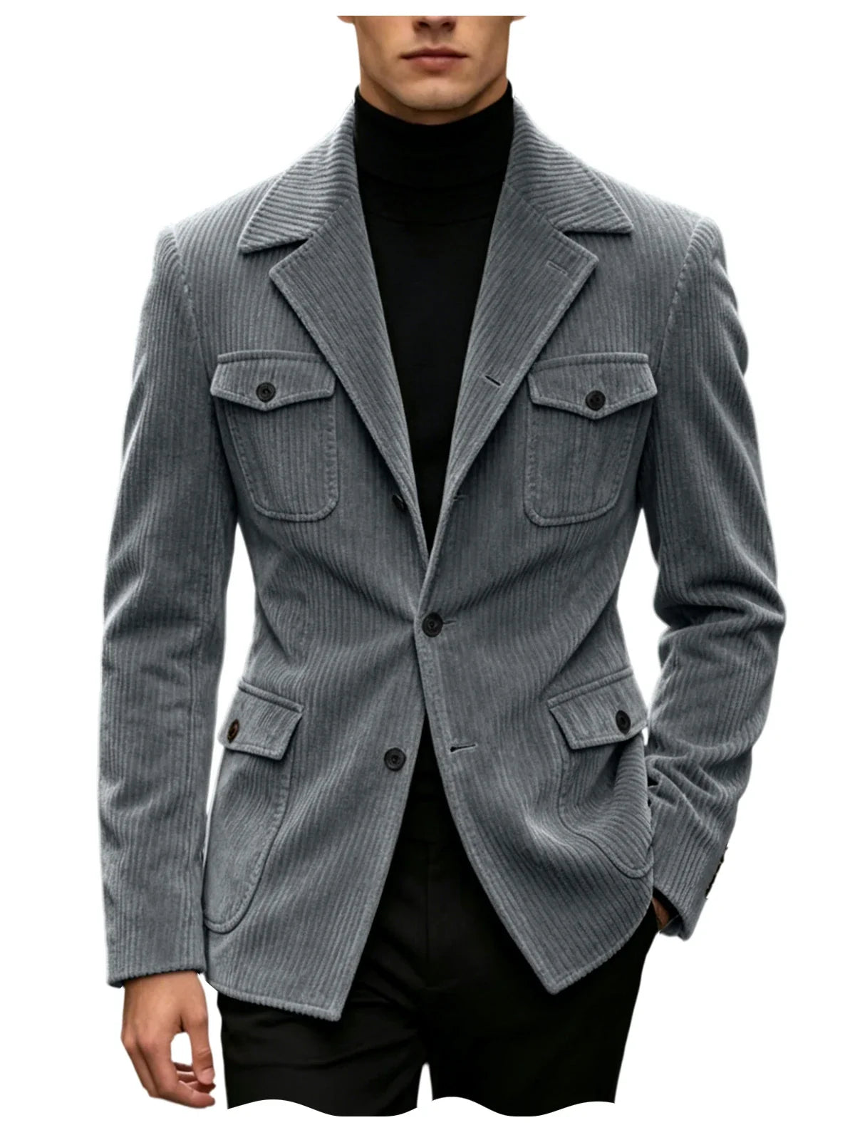 Men's Corduroy Blazer Jacket Slim Fit Notched Lapel Casual Business Coat With Four Flap Pockets For Daily Work Streetwear
