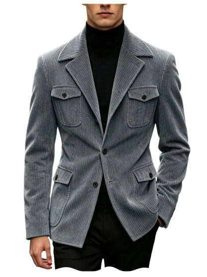 Men's Corduroy Blazer Jacket Slim Fit Notched Lapel Casual Business Coat With Four Flap Pockets For Daily Work Streetwear