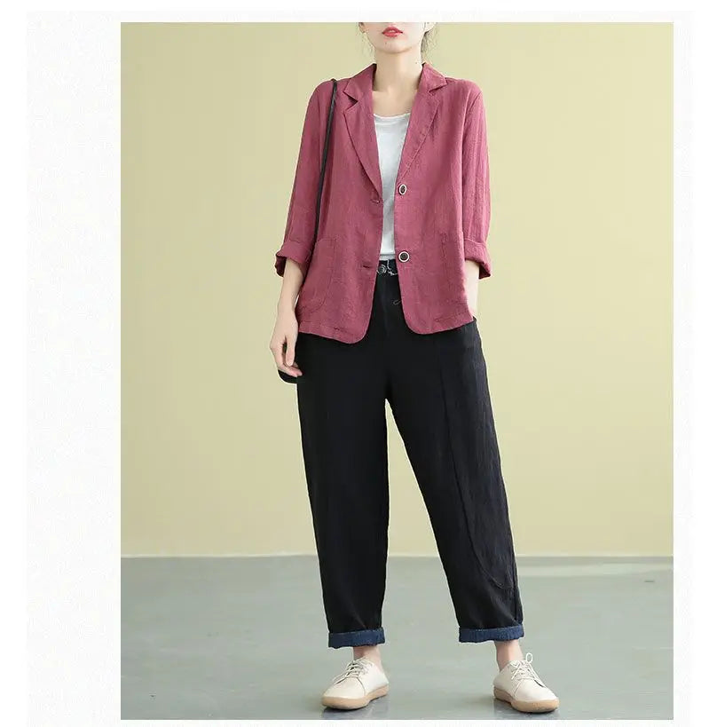 Casual Cotton and Linen Suit Jacket Women 2025 Spring and Summer New Loose solid Long-sleeved Blazer Woman Sunscreen Clothing