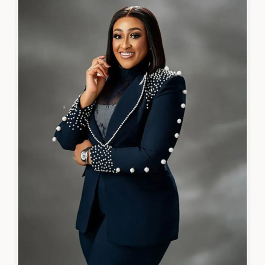 Fashion Women's Suits Plus Size Navy Blue Single-breasted Peak Lapel Two Pieces (Jacket+Pants) Beaded Party Prom Business Set