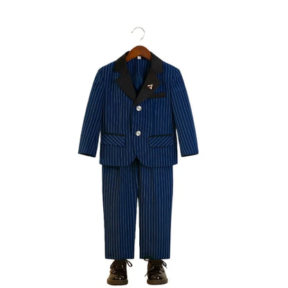 1-11Years Boys Spring Autumn Striped Suit Set Kids Formal Wedding Birthday Party Wear With Jacket Pants Bowtie Brooch
