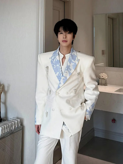Business Men Work Suit Diamond Tassel Flower Collar Double Breasted Blazer Pants Three Piece Set Loose Fit Gown Dress Suit Sets