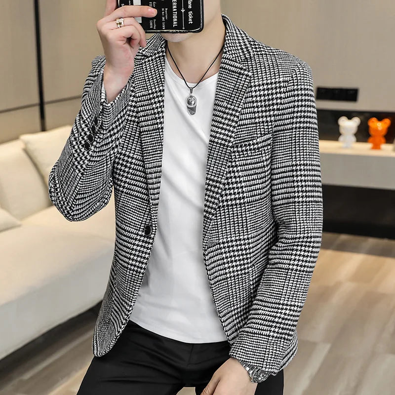 Men's Slim Fit Blazer Single Breasted Plaid Smart Casual Suit Jacket
