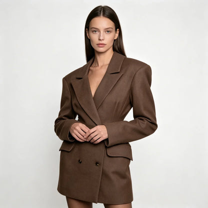 2026 Women Blazer Dress, Padded Shoulder Double-Breasted Tailored Waist Design, for Parties Office Dating Events