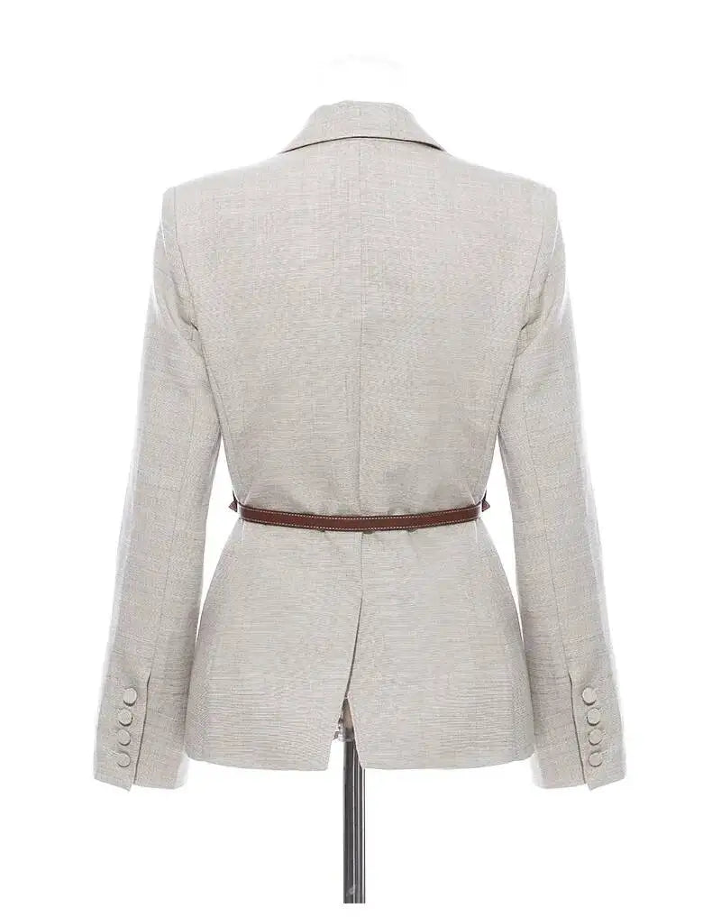 Women Blazer Contrast Color Spliced PU Leather Belted Slim Fit Single Breasted Elegant Urban High-end Jacket Spring HK10667