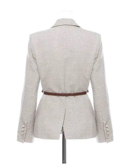 Women Blazer Contrast Color Spliced PU Leather Belted Slim Fit Single Breasted Elegant Urban High-end Jacket Spring HK10667