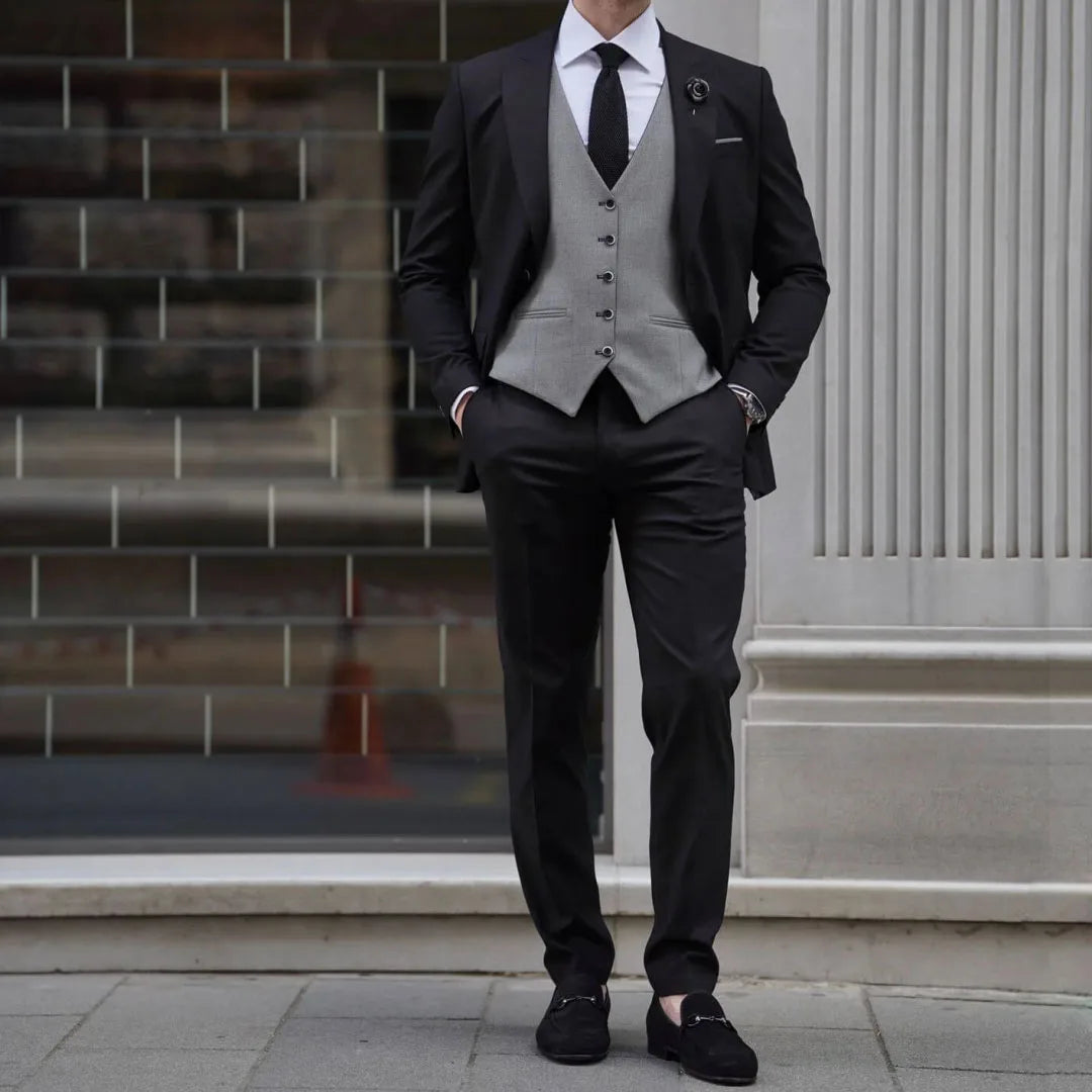 Men Suit 3 Pieces Black Gray With Lapel Single Button For Wedding Banquet Party Business Work Office Daily Jacket Vest Pants