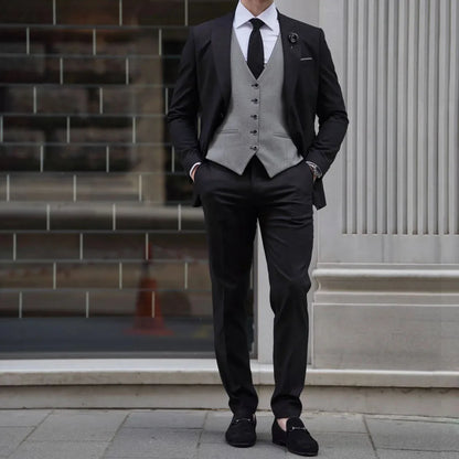 Men Suit 3 Pieces Black Gray With Lapel Single Button For Wedding Banquet Party Business Work Office Daily Jacket Vest Pants