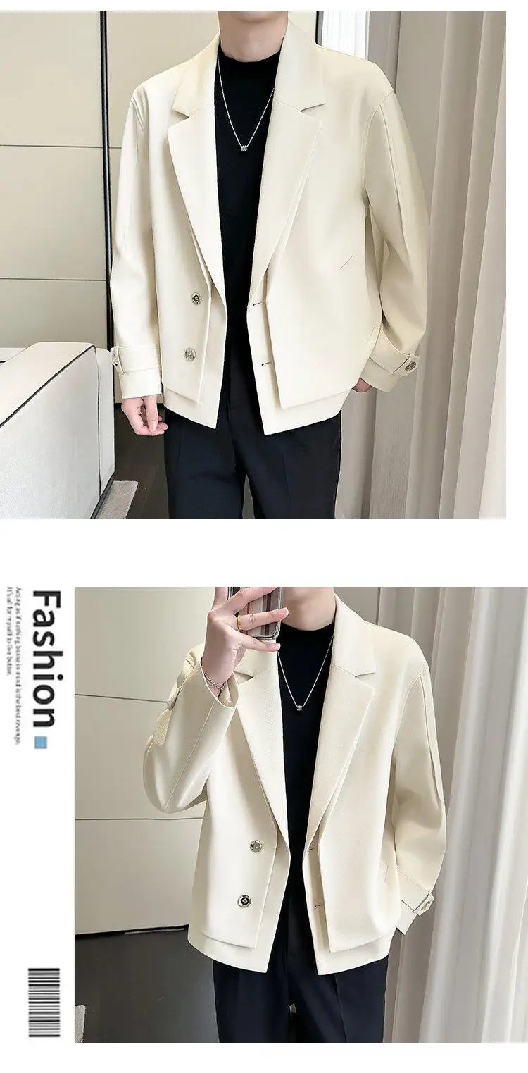 2025 Spring New Fake Two Piece Suit Collar Jacket Men Korean Trend Casual Business Blazers Loose Street Wear Social Jacket