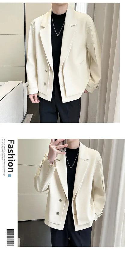 2025 Spring New Fake Two Piece Suit Collar Jacket Men Korean Trend Casual Business Blazers Loose Street Wear Social Jacket