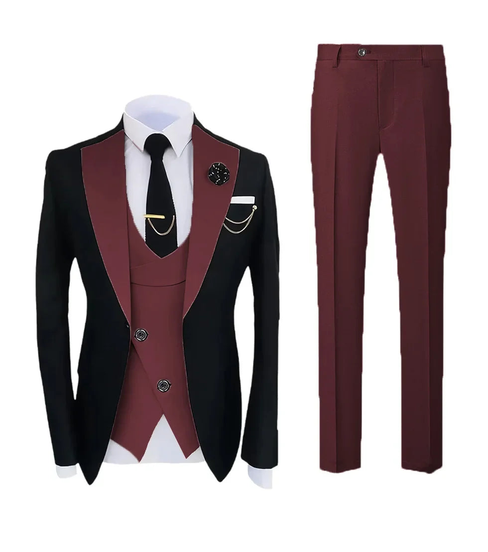 Mens Pant Suit Classic Contrast Flat Collar Blazer Jacket Slant-breasted Vest Trousers 3 Piece Set for Wedding Groom Groomsmen