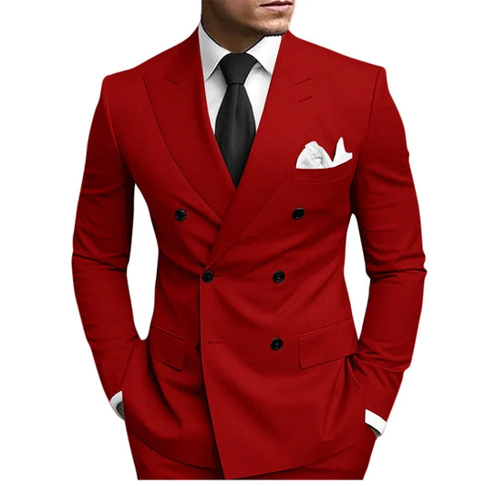 Classic Solid Suit Set 2 Pieces Jacket Pants For Men Wedding Groom Sets Double Breasted Men's Suits Banquet Tuxedo Wear XS-5XL