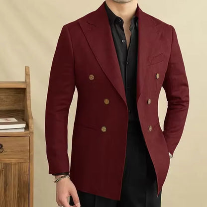 Vintage Men's Linen Blazer Double Breasted Peak Lapel Slim Fit Jacket Breathable Soft Wrinkle Free Business Casual Men Suit Coat