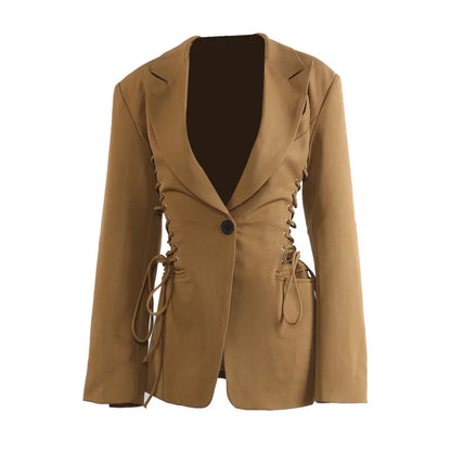 Spring Autumn New Women Blazer Notched Collar Single Button Lace-Up Waist Cinching Slim Fit Elegant Fashion Jackets HK13264