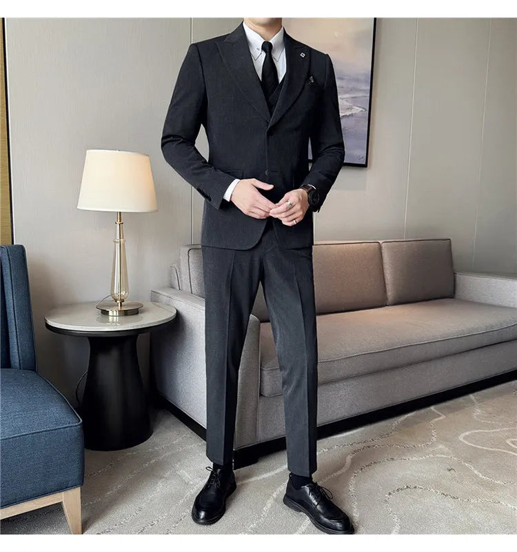 Men's 3 Piece Suit Set Double‑Button Solid Color Slim Fit Business Casual Wedding Banquet Party Jacket Vest Pants Formal Outfit