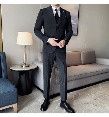 Men's 3 Piece Suit Set Double‑Button Solid Color Slim Fit Business Casual Wedding Banquet Party Jacket Vest Pants Formal Outfit