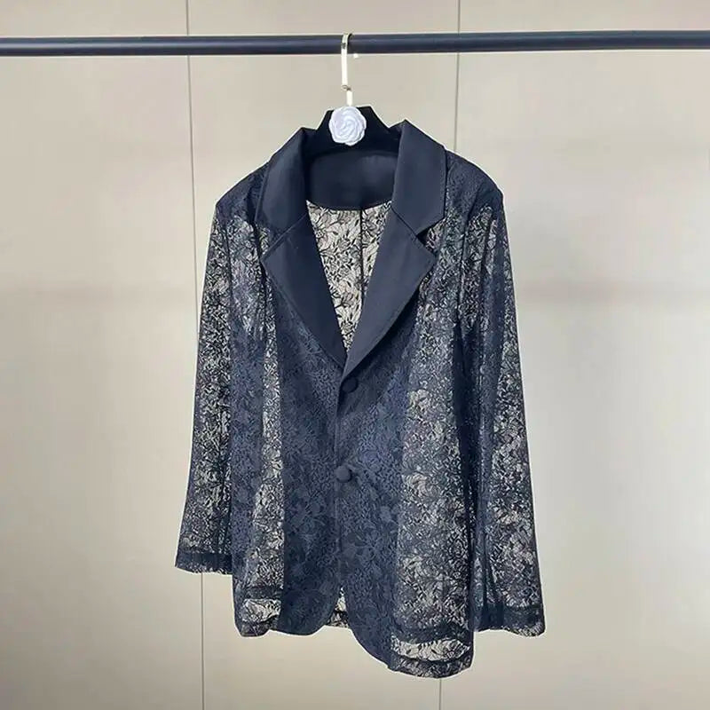 Women Black Sheer Floral Lace Blazer Long Sleeve Lapel Collar Single Breasted See Through Loose Fit Casual wear 2026 new