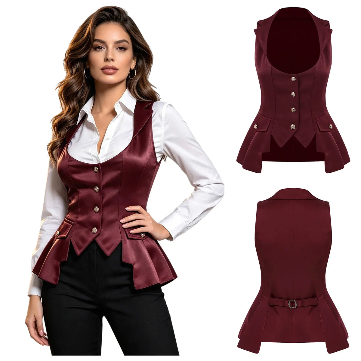 Women Victorian Waistcoat Gothic Costume Medieval Sleeveless Renaissance Satin Vests for Halloween Carnival Punk Clothing
