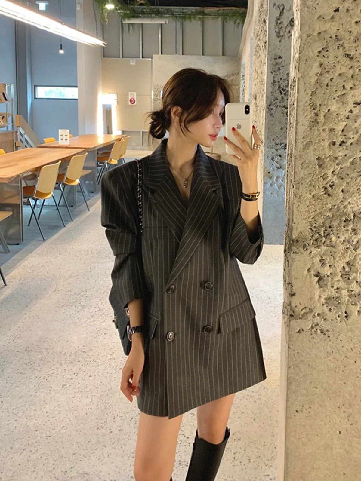 Vintage Vertical Stripes Women's Suit Jacket Loose Fit Double Breasted Autumn Outerwear Fashion Versatile Polyester Cotton Blend