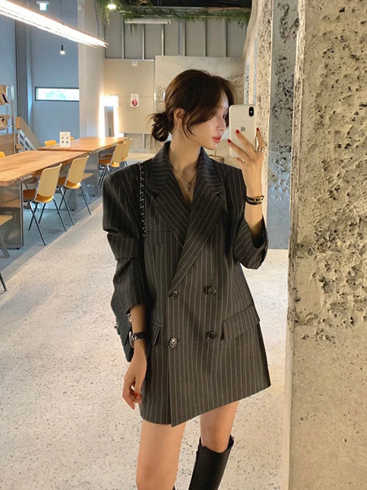 Vintage Vertical Stripes Women's Suit Jacket Loose Fit Double Breasted Autumn Outerwear Fashion Versatile Polyester Cotton Blend
