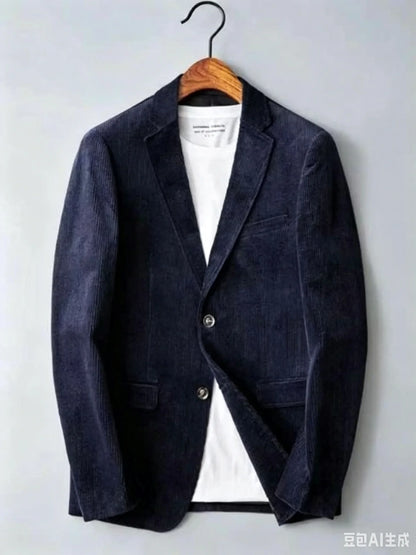 Navy Blue Corduroy Blazer for Men with Notch Lapel Single Breasted Dinner Jacket Elegant Slim Fit Smoking Suit Coat for Wedding