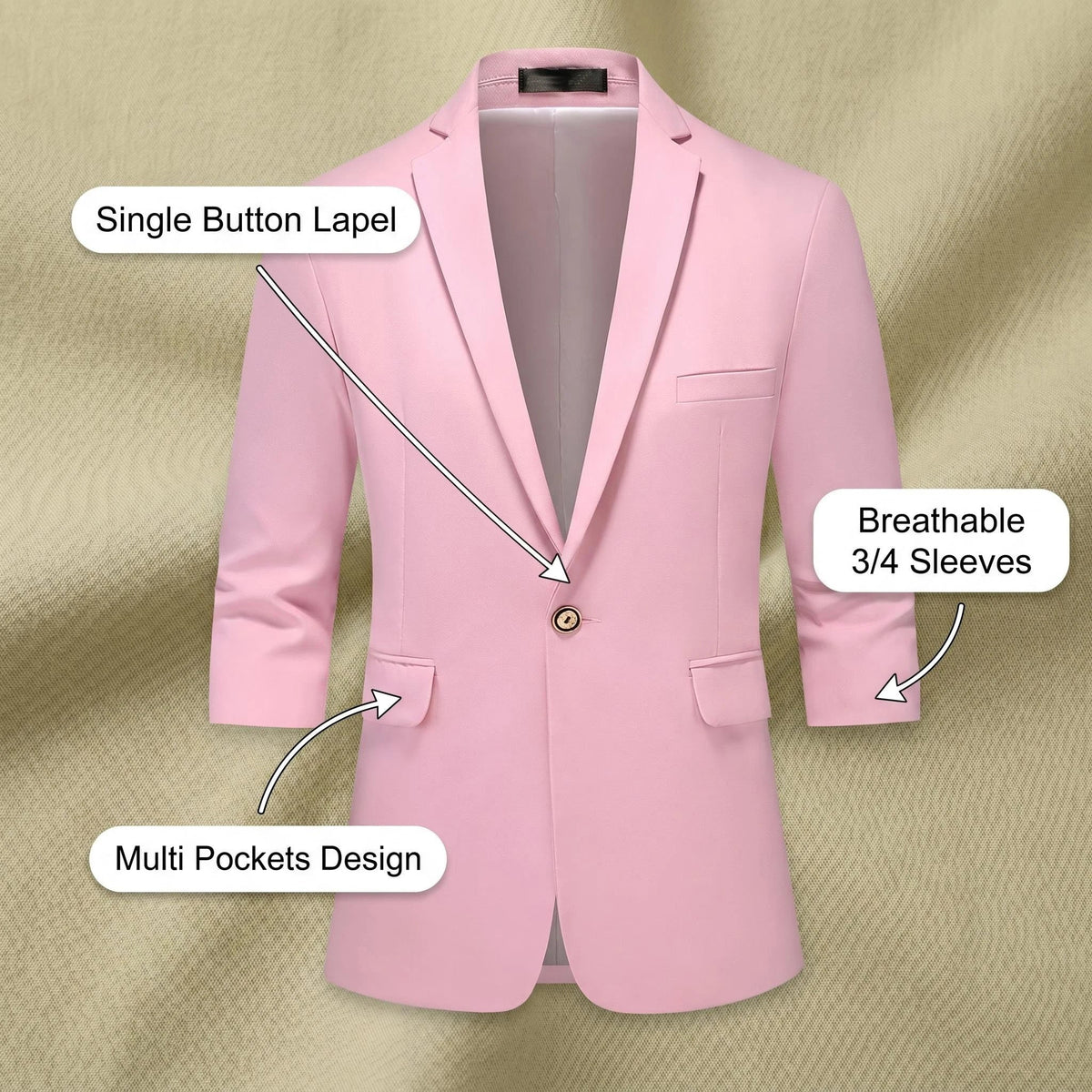 Men's Casual Seven-Quarter Sleeve Pink Suit Summer Leisure Fashionable Top with Pants Included