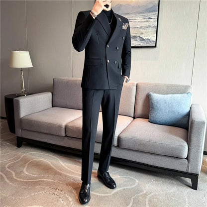 Brand Two-piece Suit for Men British Style Double Breasted Casual Business Suit Blazer Trousers Office Party Prom Wedding Suits