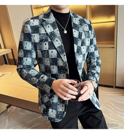 Korean Jacquard Denim Jacket for Men Autumn Winter Casual Business Men Blazers Slim Fit Wedding Social Dress Coat Men Clothing