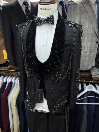 New Expensive Embroidery Beaded Man Suit Dancing Prom Wear Handsome Classic Shawl Lapel Men's Suit Set Wedding Groom Sets